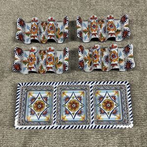 Prepara Taco Holder Yellow Red Set Floral Fiesta 3 Section Serving Tray Melamine